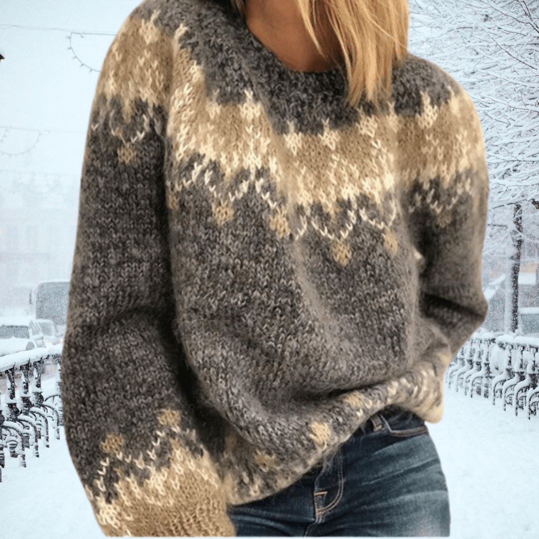 Women's wool blend oversized knit sweater with Nordic pattern, round neck, cozy warm casual style
