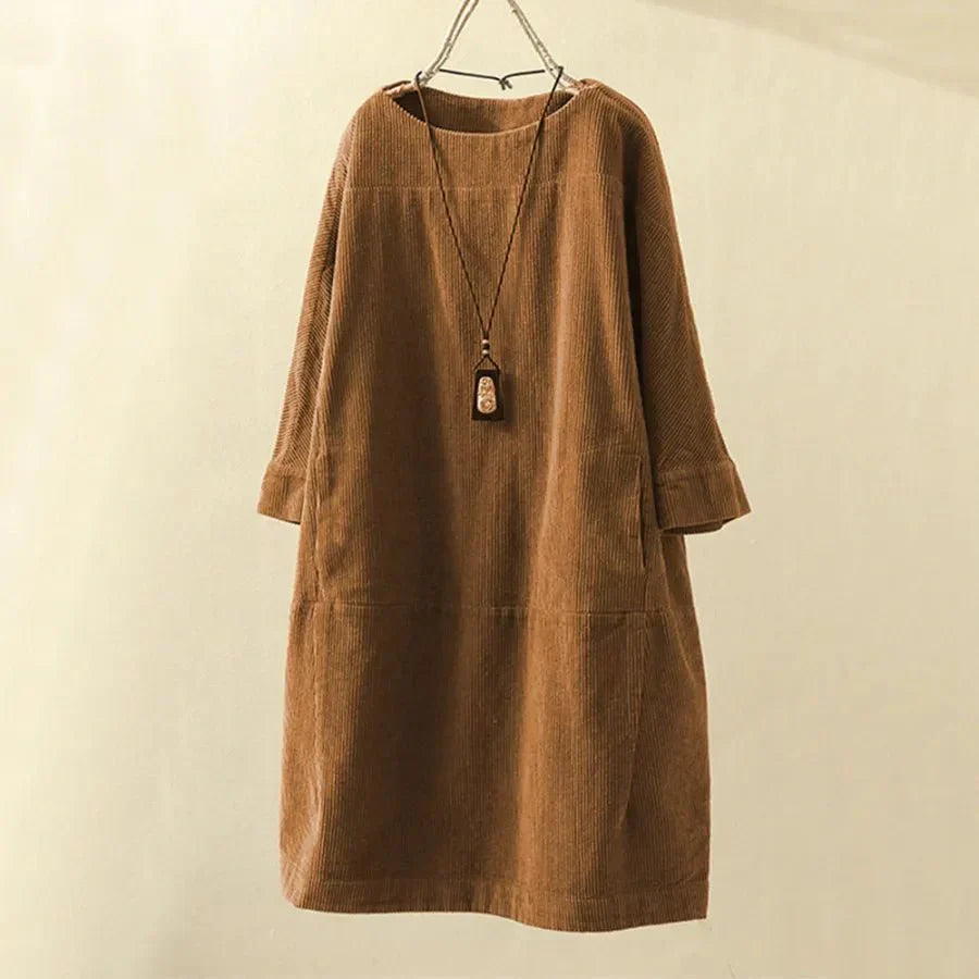 Women's loose fit corduroy dress knee length round neck long sleeves everyday casual style