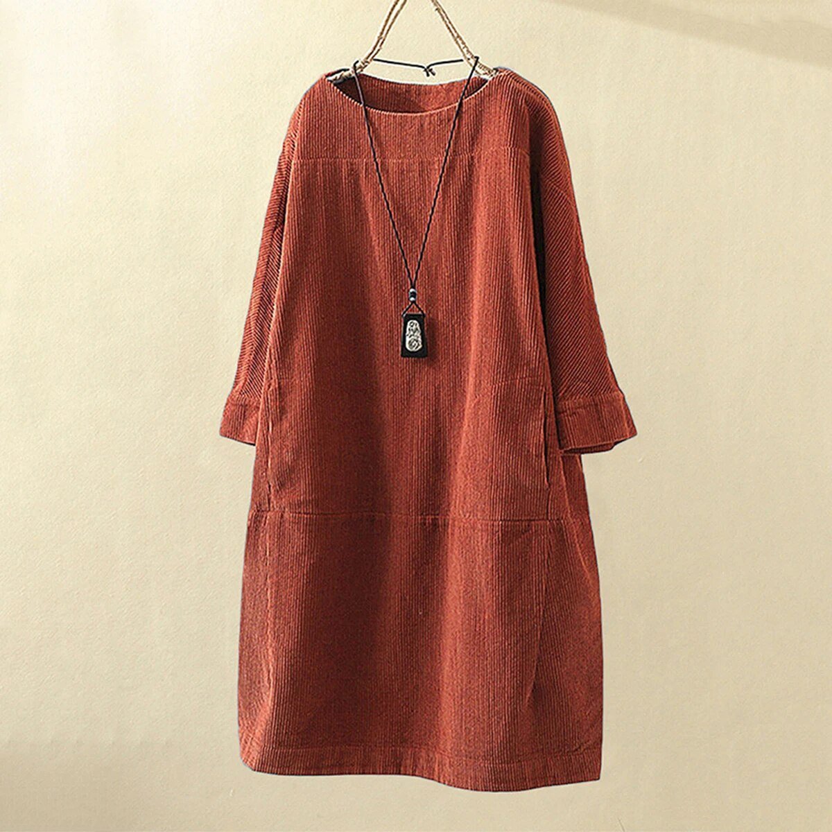 Women's corduroy loose fit knee-length dress with round neck long sleeves in relaxed everyday style