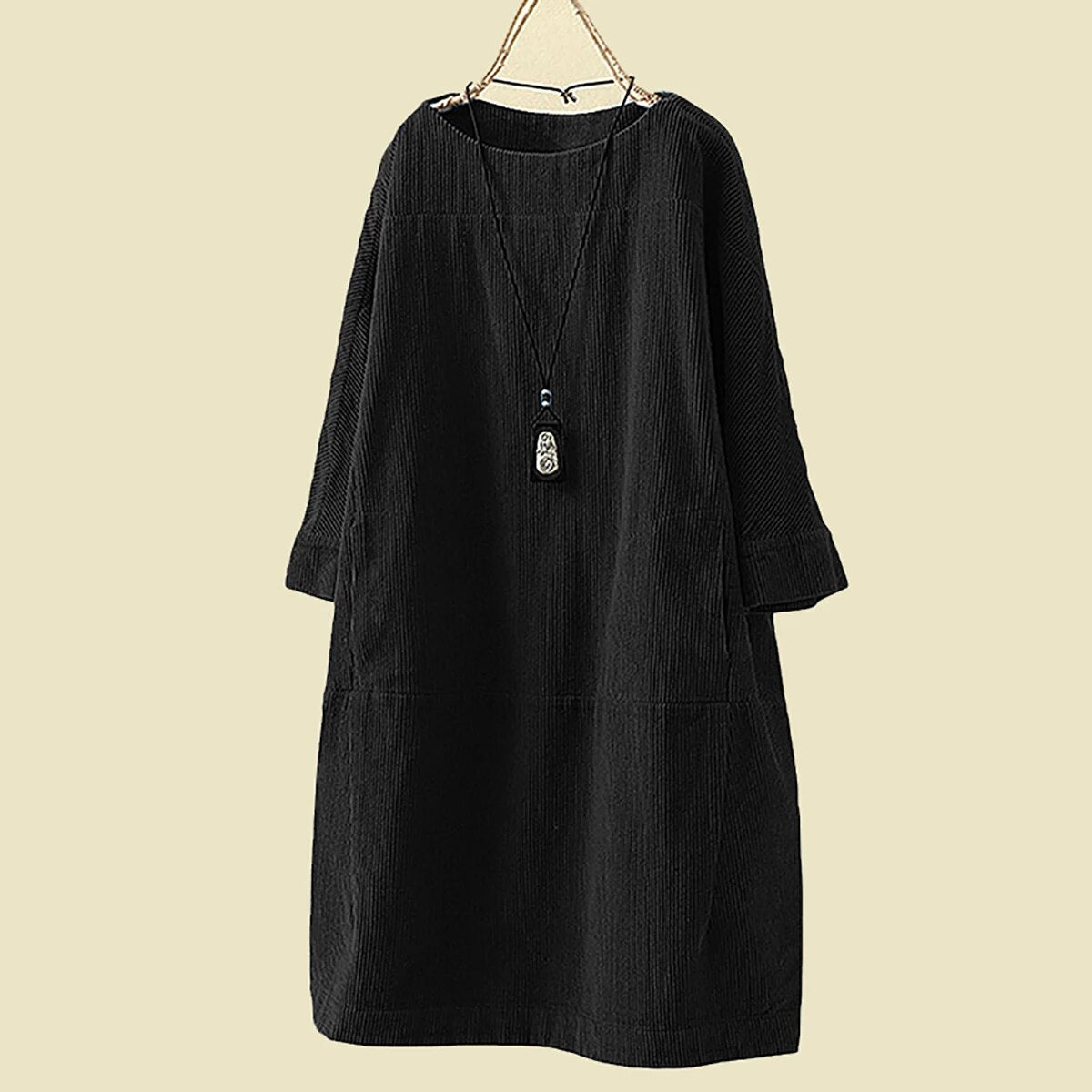 Women's loose fit corduroy dress knee length round neck long sleeves everyday comfort