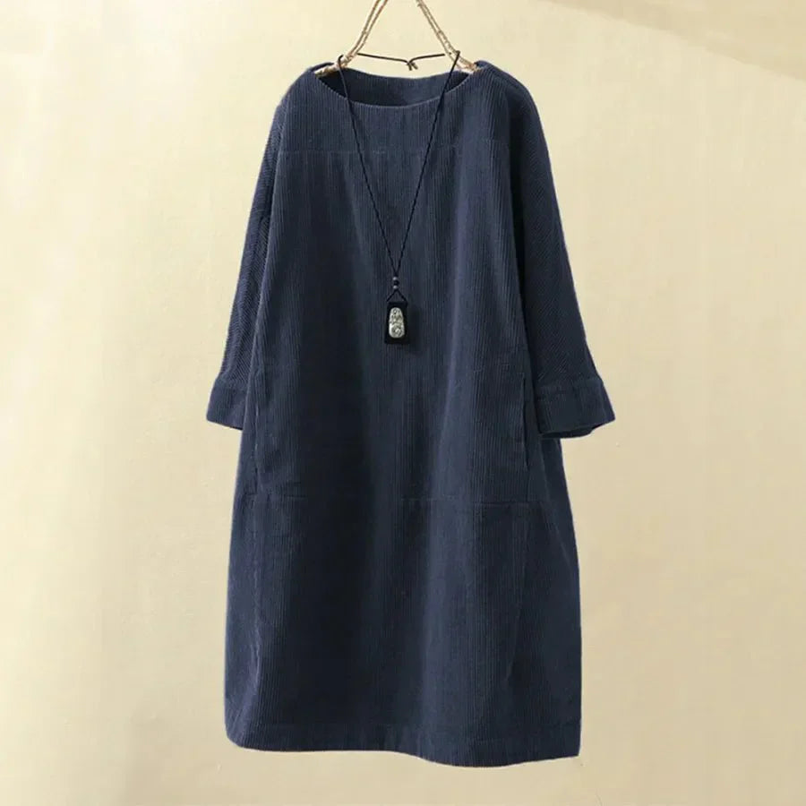 Women's loose fit corduroy dress knee length round neck long sleeves textured everyday style