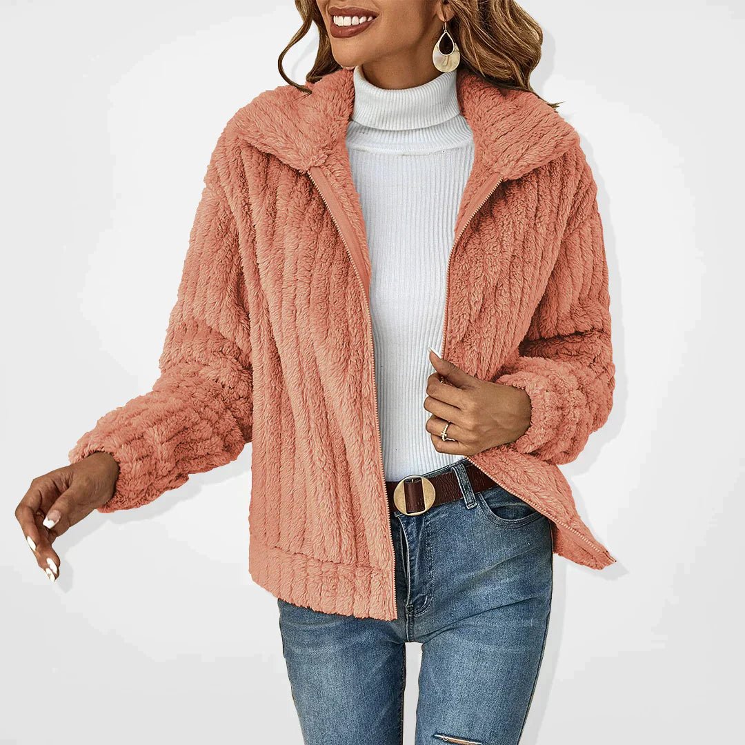 Women's plush fleece zip-front jacket high collar relaxed fit ribbed texture cozy warmth