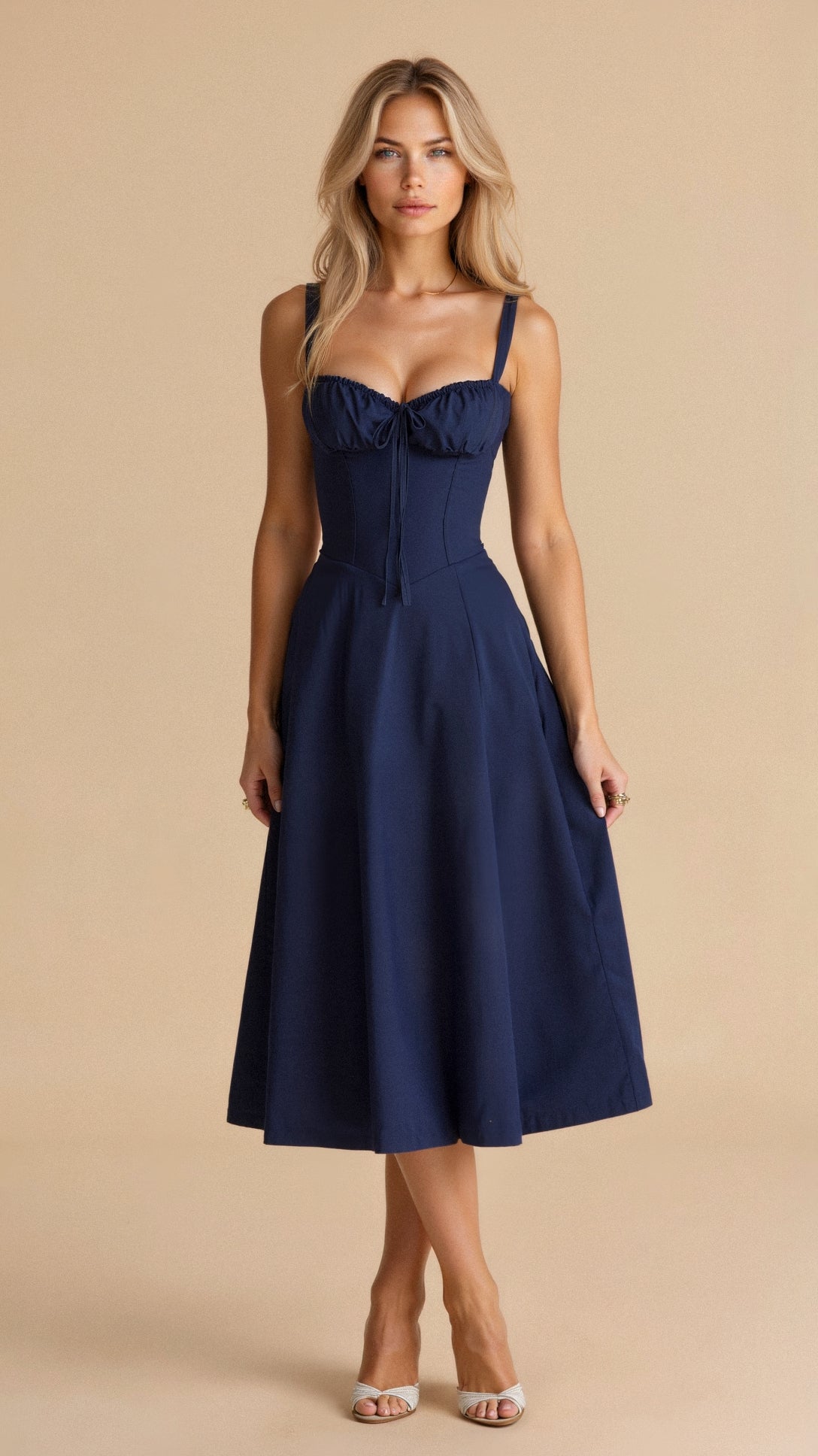 Elegant white corset dress with lace-up back, bow detail at bust, and waist-cinching structured bodice