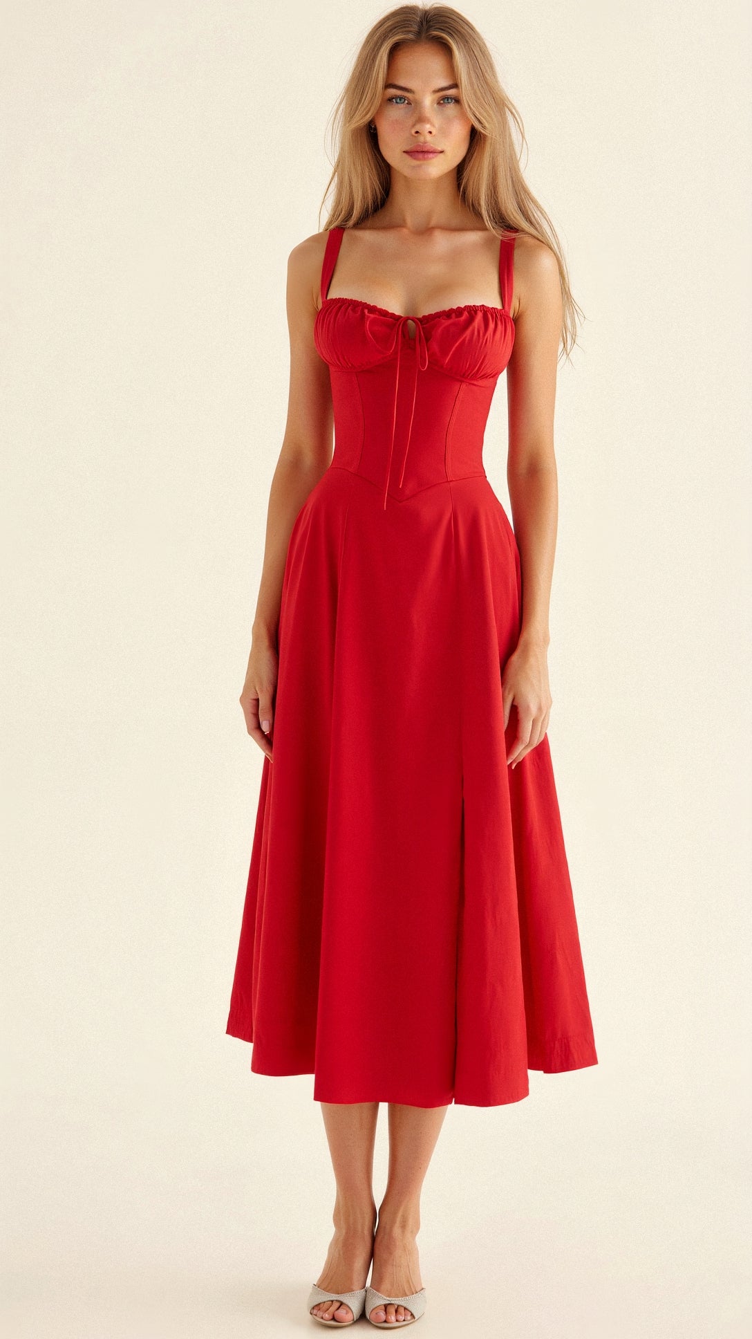 Floral midi dress women sweetheart neckline fitted bodice side slit Nordic-inspired cotton blend spring