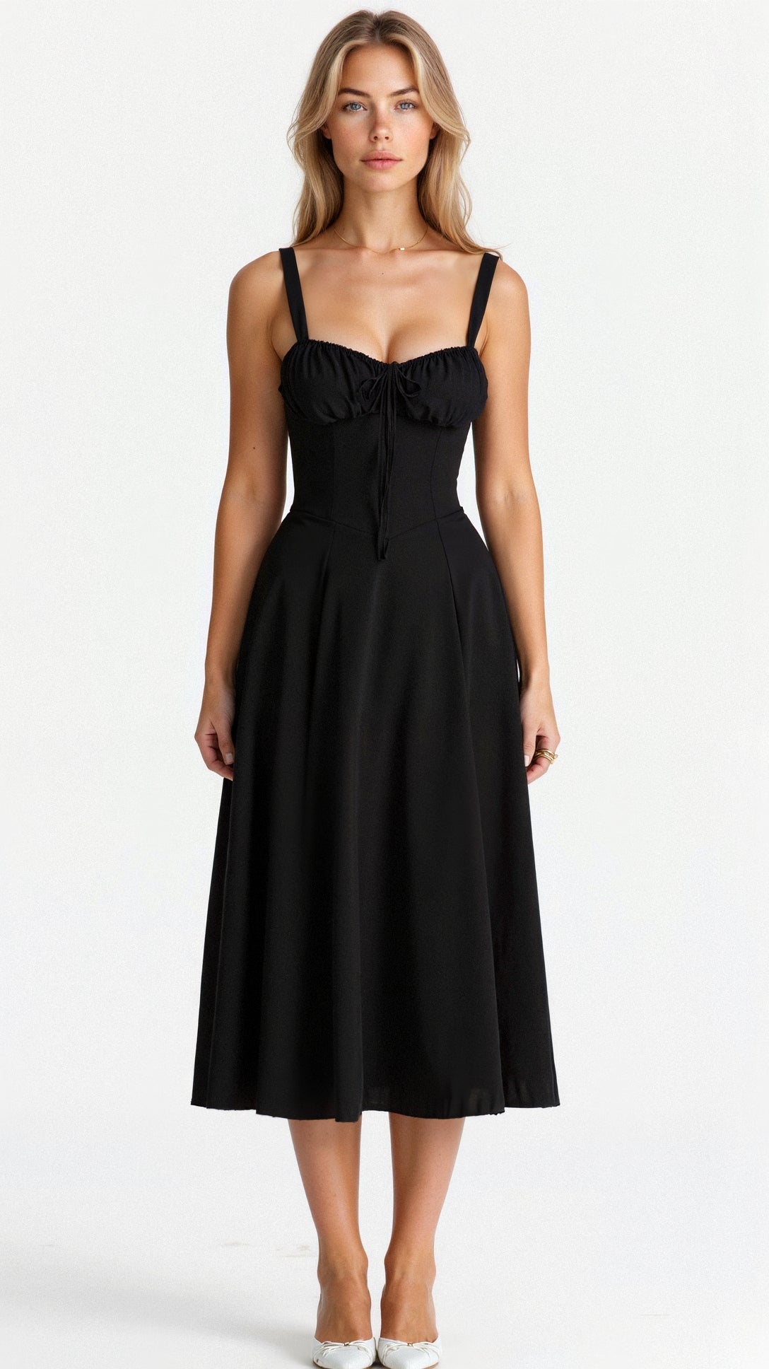 Floral midi dress women sweetheart neckline fitted bodice side slit Nordic-inspired cotton blend