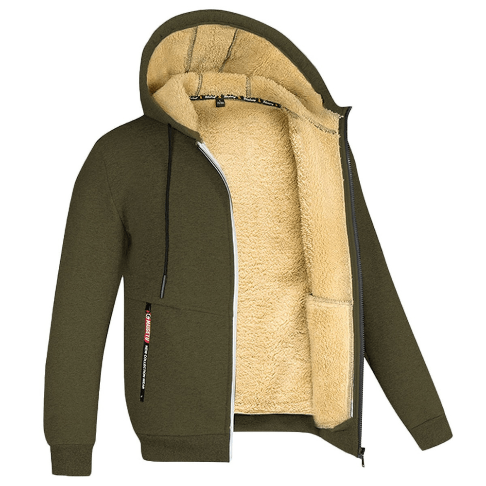 Men's gray zip-up hoodie full-length zipper drawstring hood front pockets fully lined casual fit