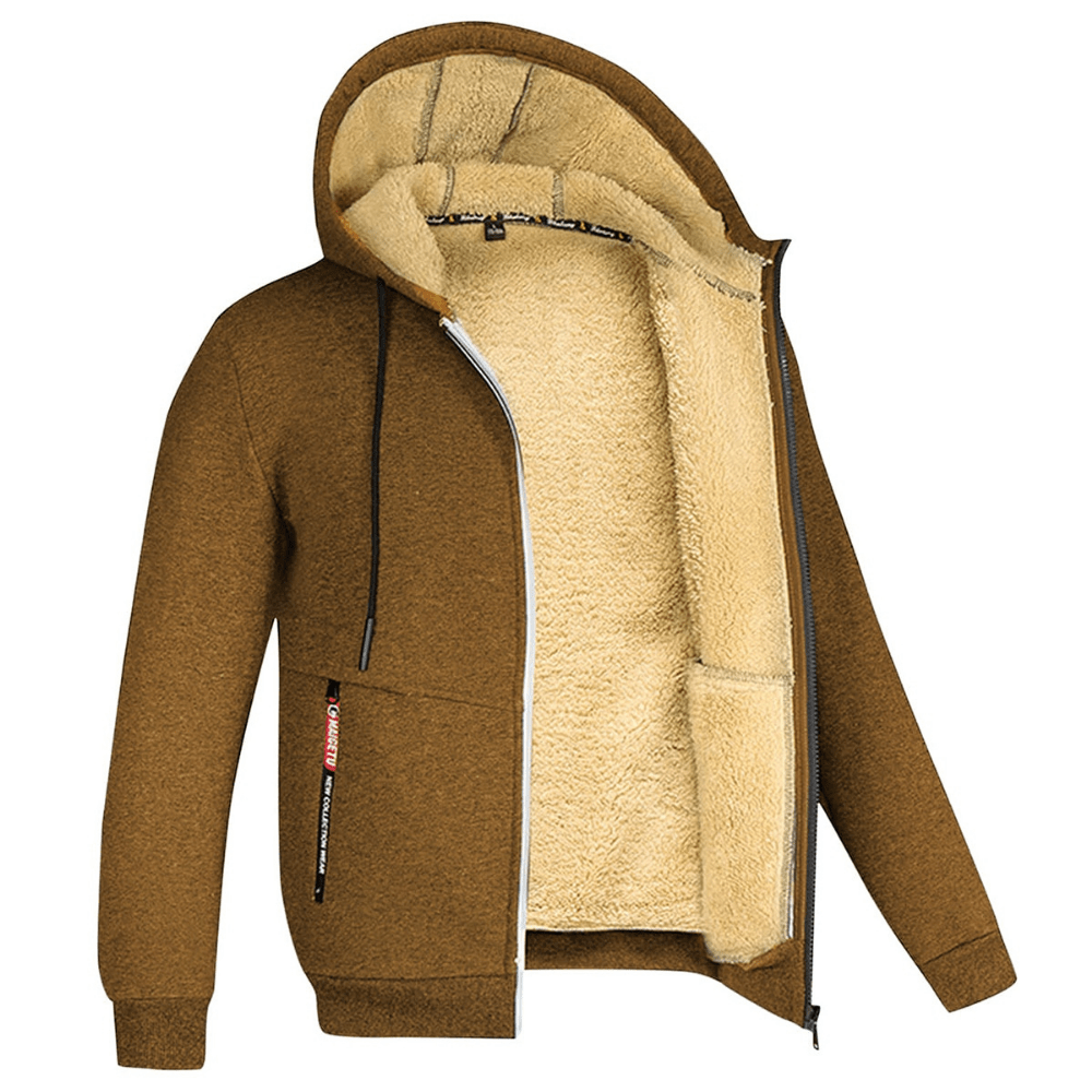 Men's gray zip-up hoodie with full-length zipper, drawstring hood, and lined front pockets