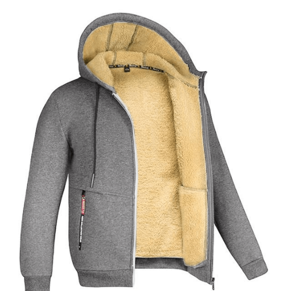 Men's gray zip-up hoodie full-length zipper drawstring hood front pockets fully lined casual fit
