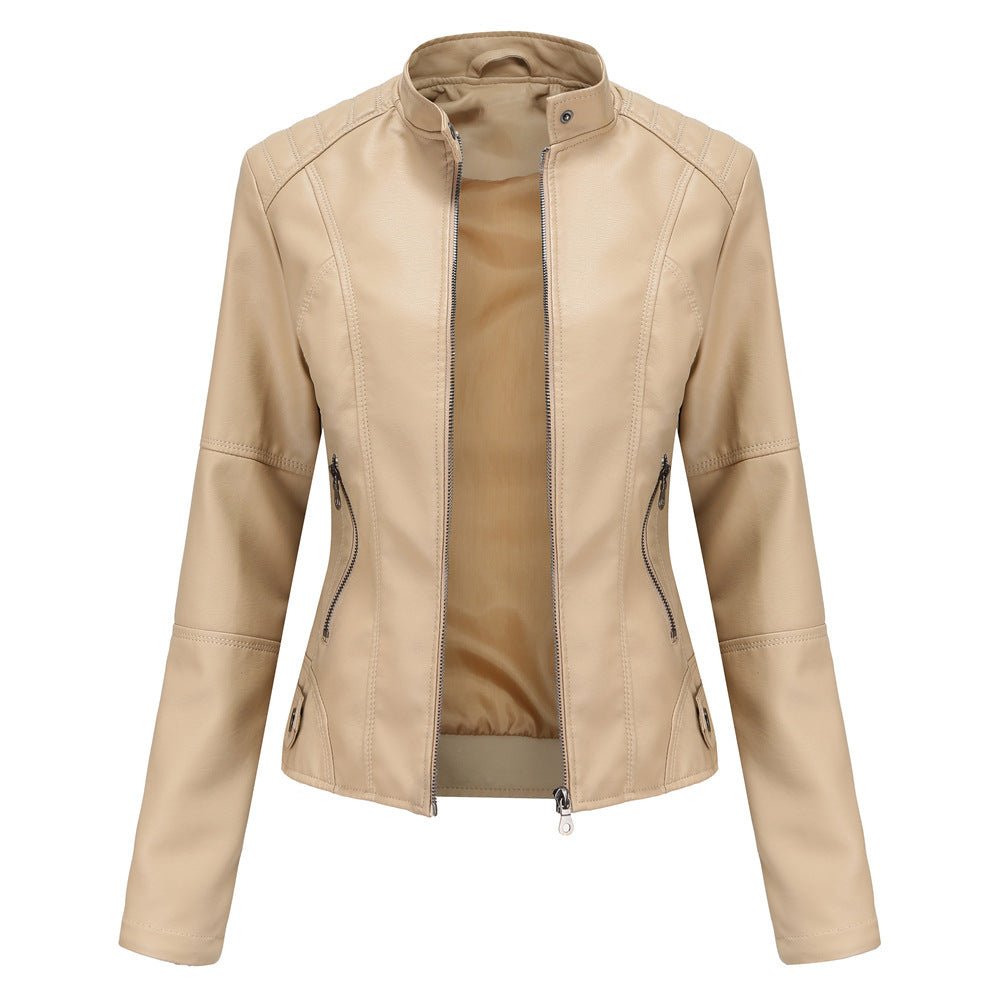 Women's black PU leather tailored jacket with stand collar and zipper closure sleek chic fit
