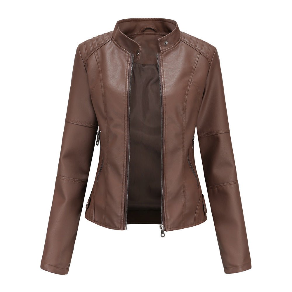 Women's black PU leather jacket tailored fit stand collar zipper closure chic long sleeves