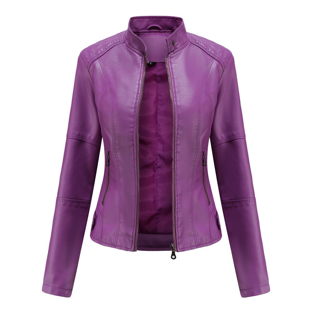 Women's black PU leather tailored jacket with stand collar and zipper closure for chic modern style