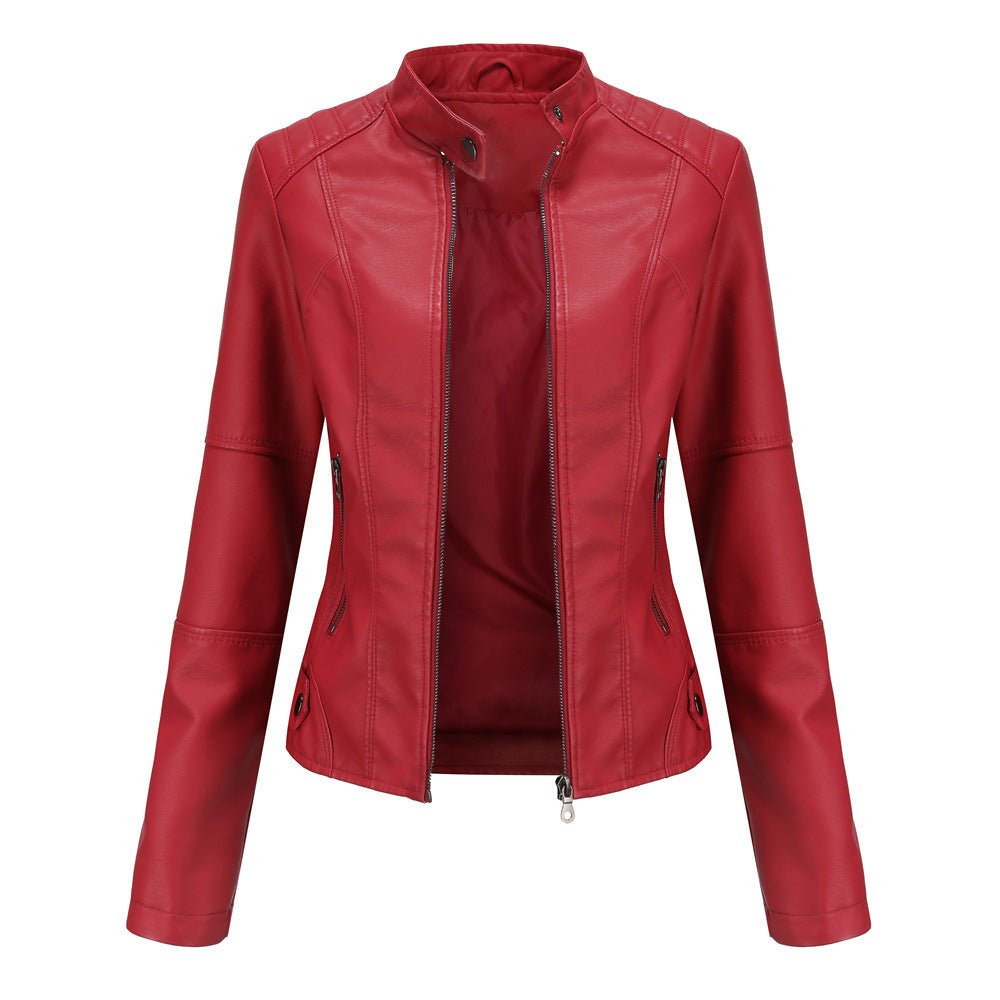 Women's black PU leather tailored jacket with stand collar and zipper closure for chic style