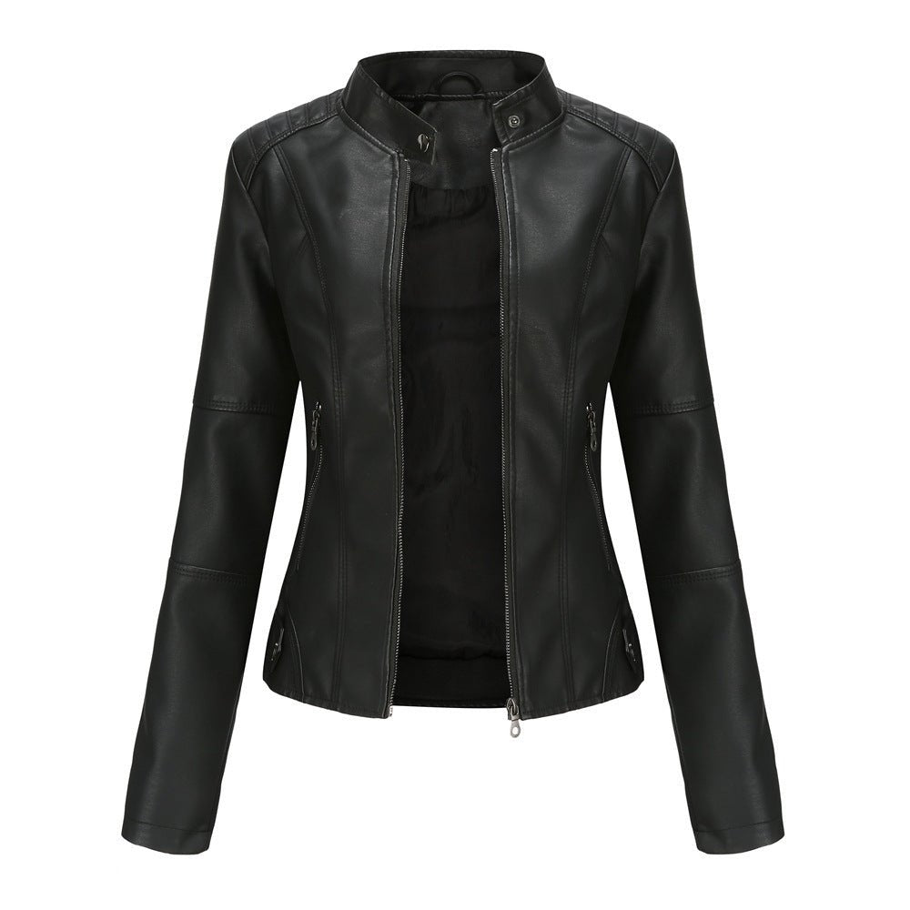 Women's black PU leather jacket tailored fit stand collar zipper closure chic long sleeves