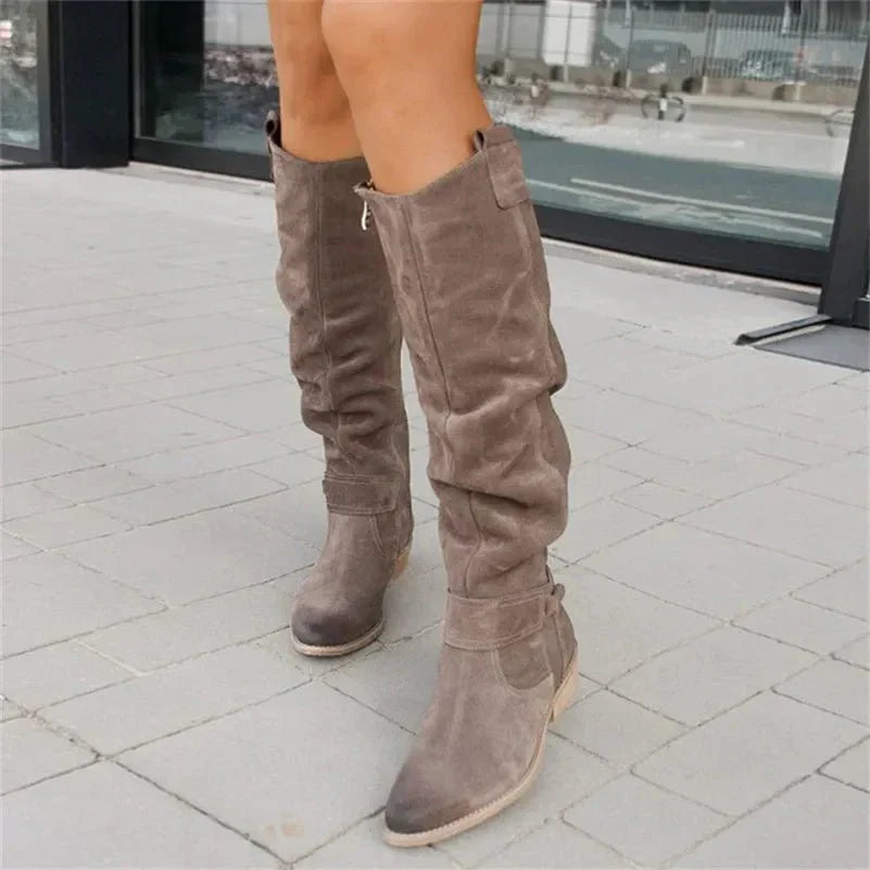 Sabrina women's knee-high boots in refined style with distinctive buckle accent detailing