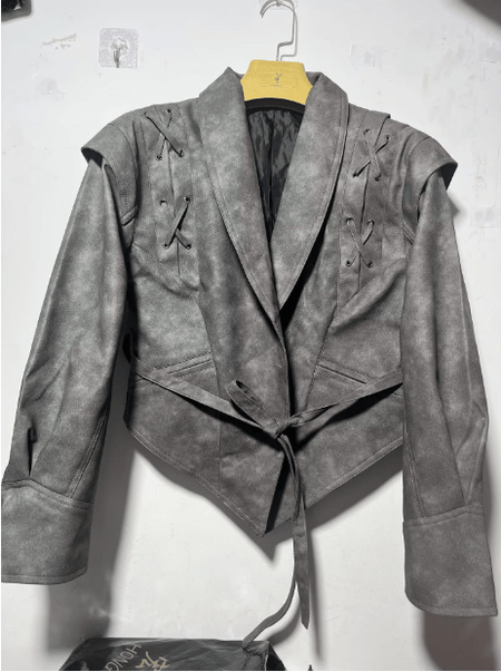 Black PU leather women's jacket tailored fit shawl collar tie belt with lace shoulder detailing