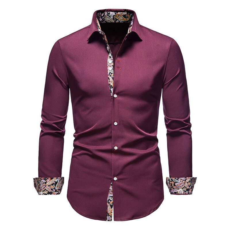 Men's slim fit cotton dress shirt with bold contrast paisley details and classic collar for modern style