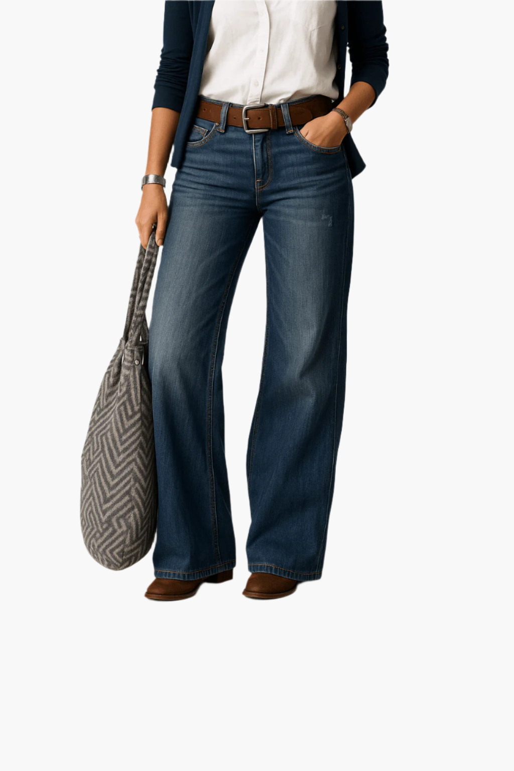 Women's wide leg jeans in classic blue denim, flattering relaxed fit with five-pocket casual silhouette