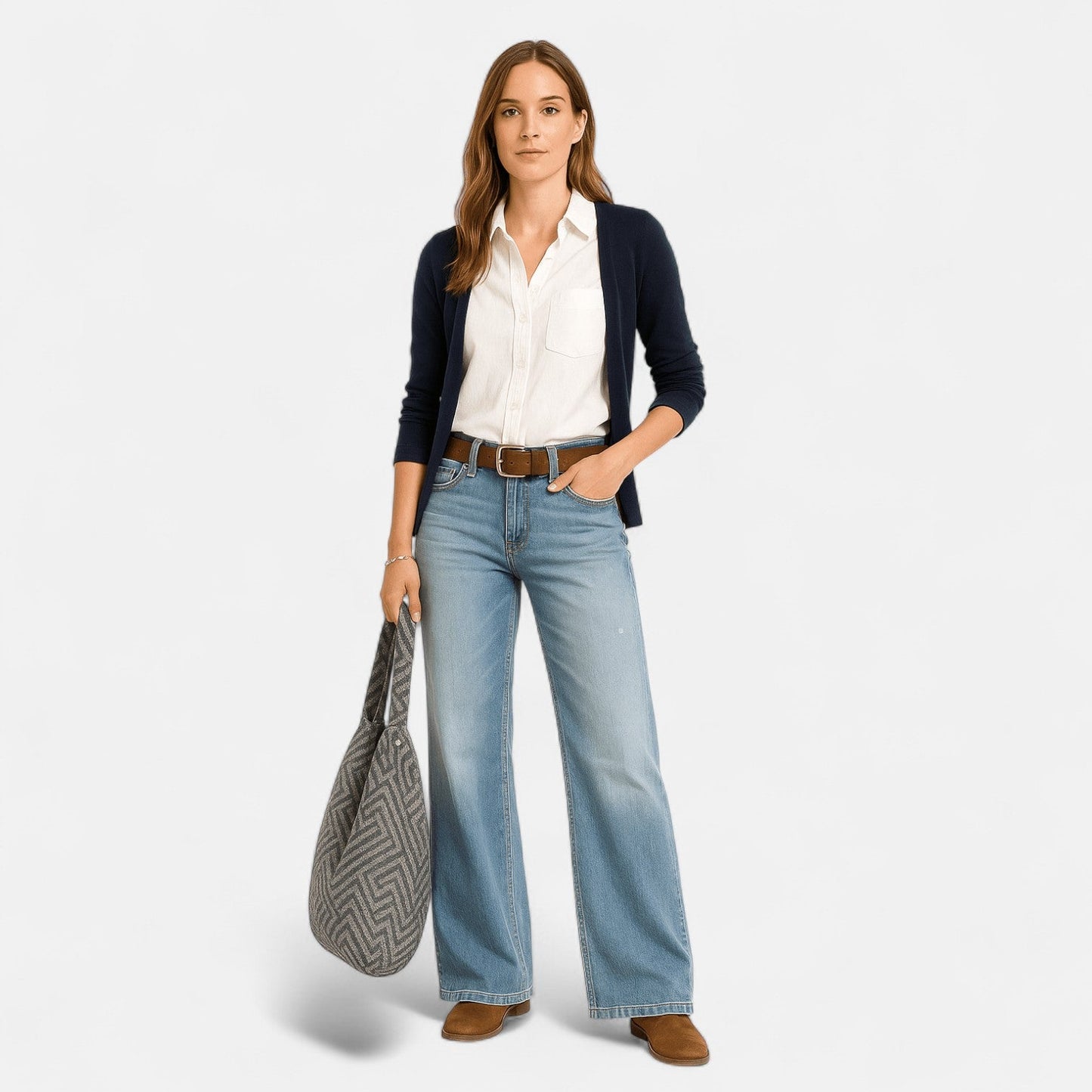 Women's wide leg cotton denim jeans elongating silhouette, relaxed modern fit for all-day comfort