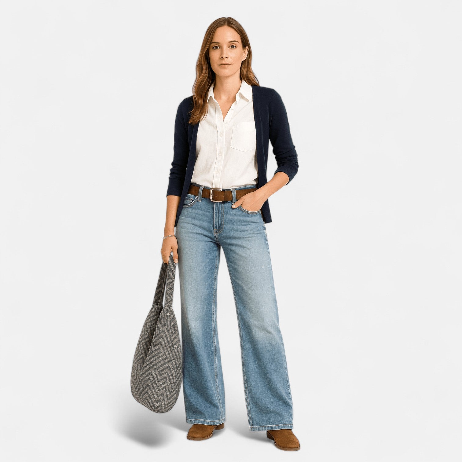 Women's wide leg cotton denim jeans elongating silhouette, relaxed modern fit for all-day comfort