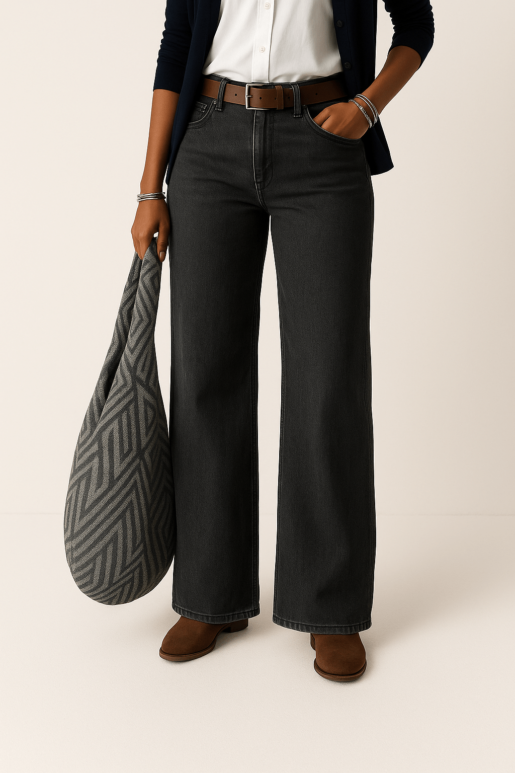 Women's high-waisted wide leg blue denim jeans with relaxed flattering silhouette for everyday wear