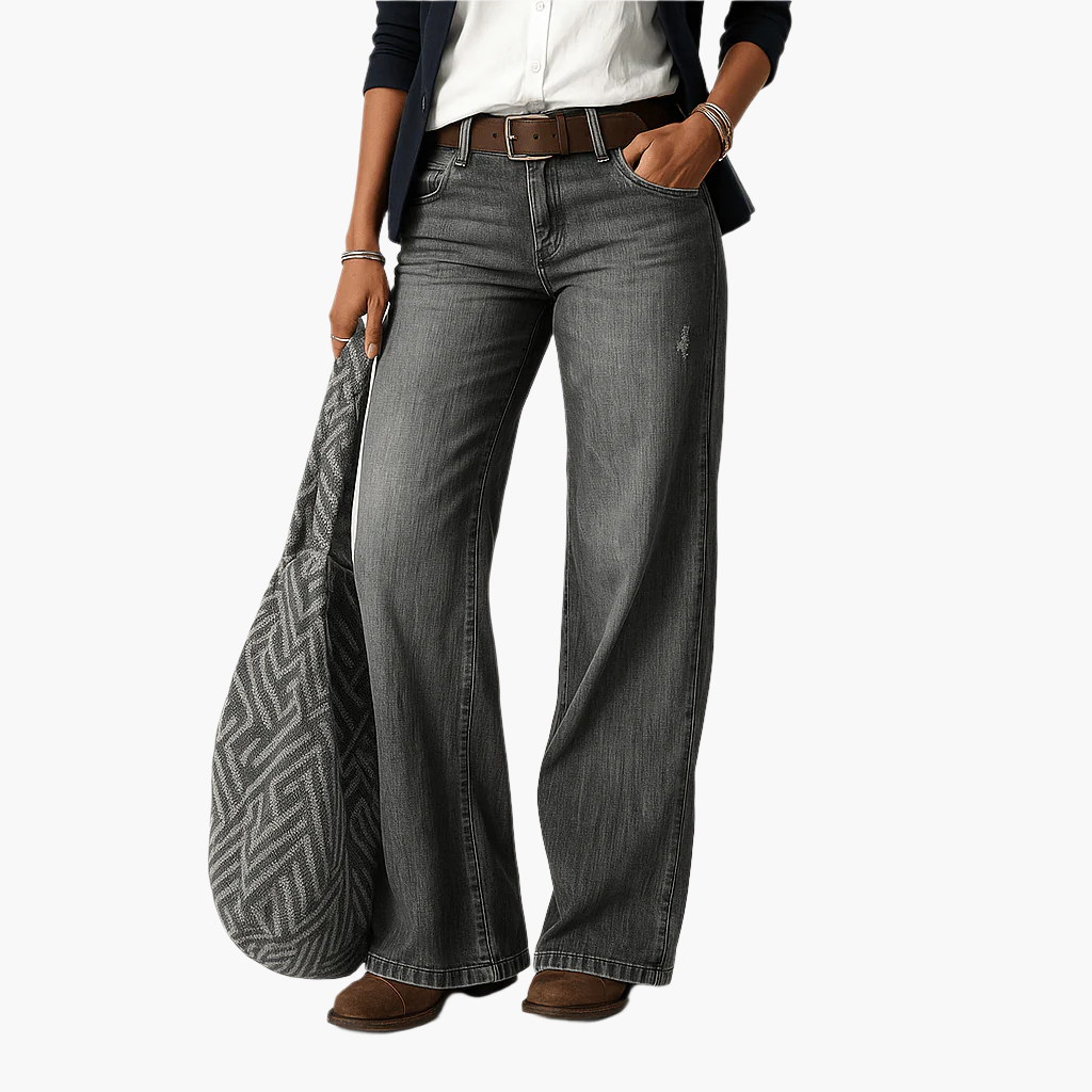 Women's wide leg jeans casual five-pocket denim flattering relaxed fit everyday comfort blue wash