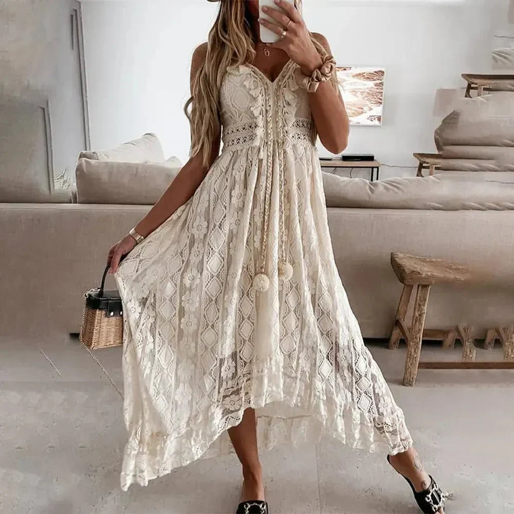 Women's boho lace maxi dress with flowing silhouette, soft lace overlay, perfect for beach and brunch