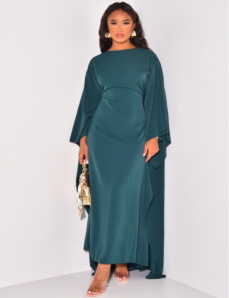 Women's maxi dress high neck long sleeves A-line cut Nordic-inspired draped silhouette timeless elegance