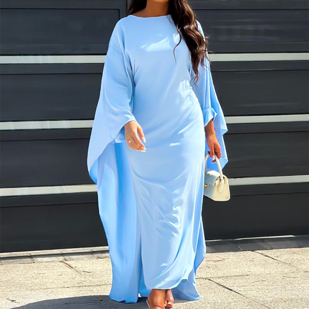 Women's maxi dress high neck long sleeves A-line cut Nordic-inspired draped silhouette timeless elegance