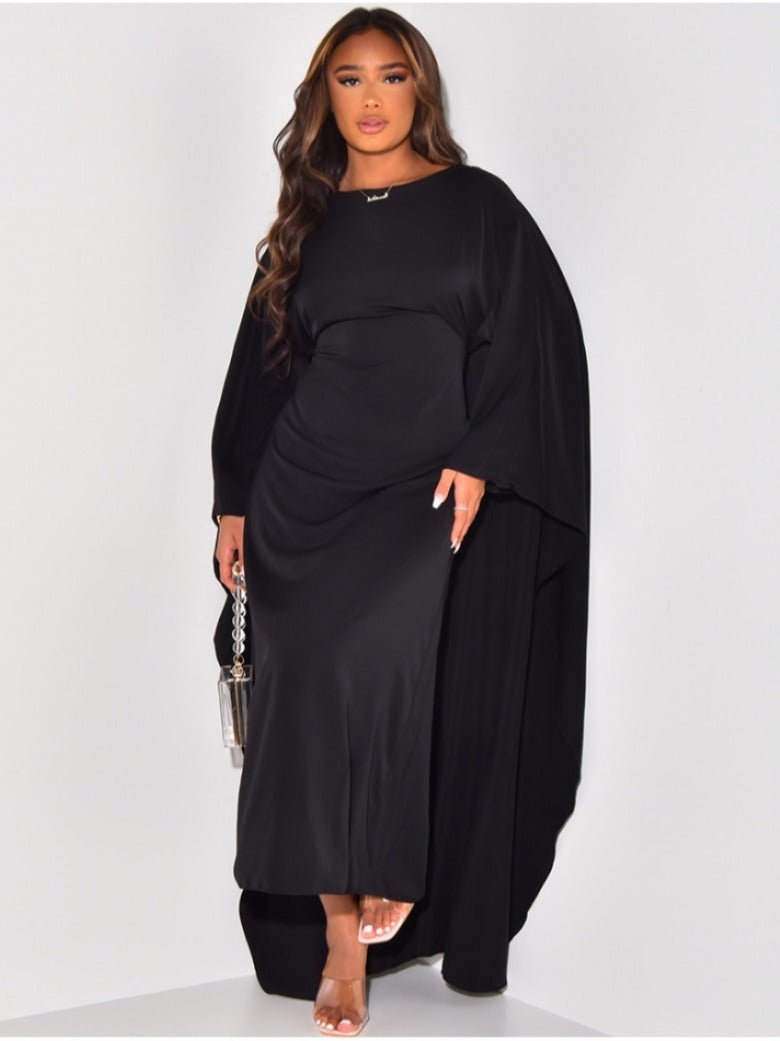 Women's maxi dress high neck long sleeves A-line cut Nordic-inspired graceful drape timeless elegant