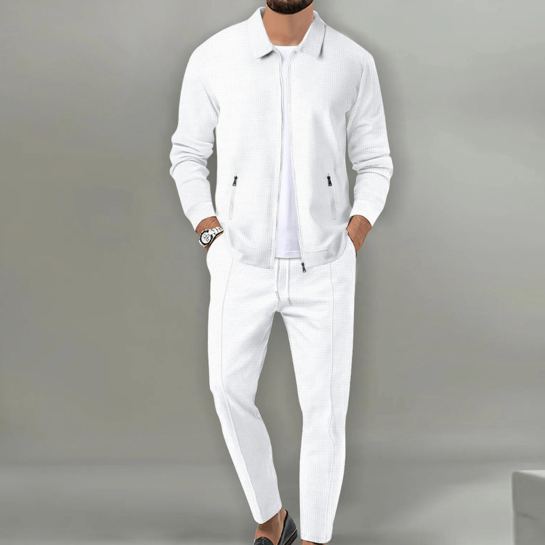 Men's gray zip-up tracksuit set slim jogger pants two-piece casual travel style