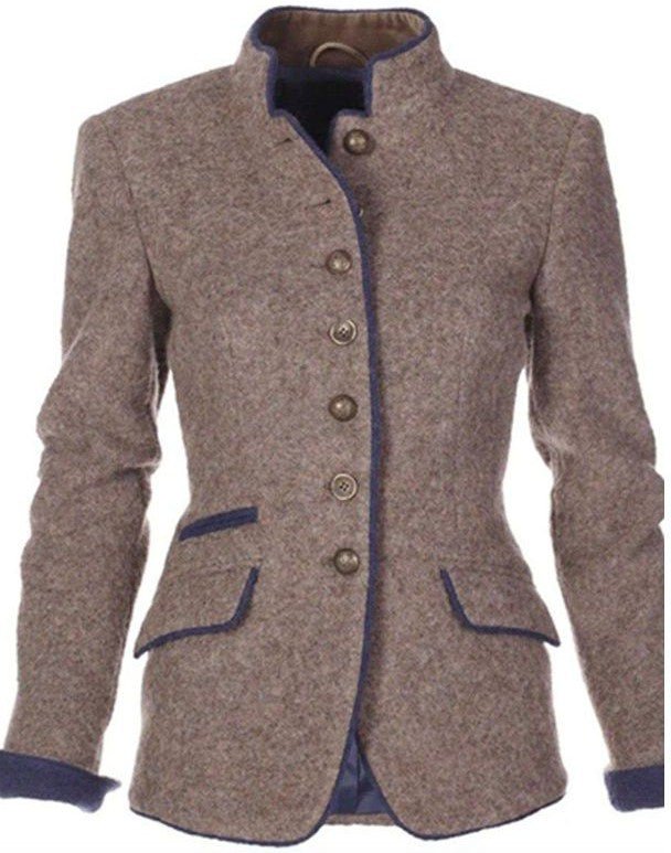 Women's two-tone vintage blazer stand-up collar with decorative button detail office chic style