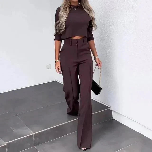 Women's Helena fall pants set, elegant tailored trousers with cropped top and comfortable waistband