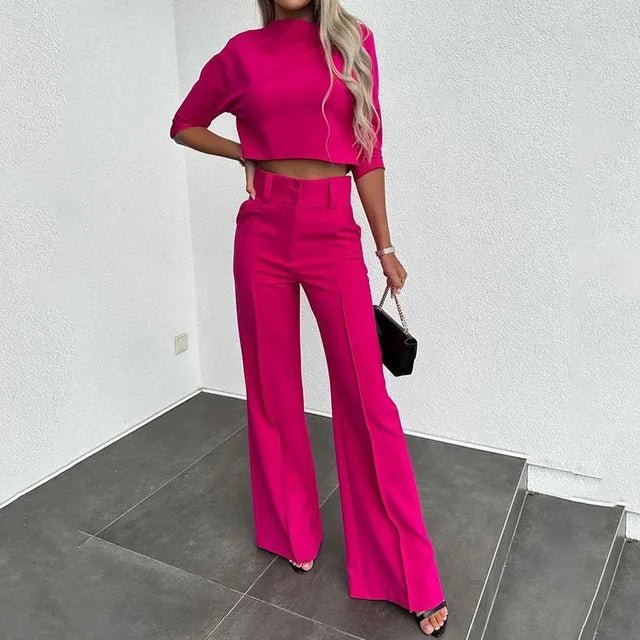 Women's Helena fall tailored pants set with cropped top, elegant two-piece outfit with comfortable waistband