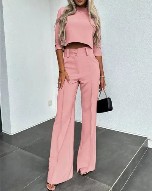 Women's Helena fall tailored pants set with cropped top, elegant two-piece in warm tones