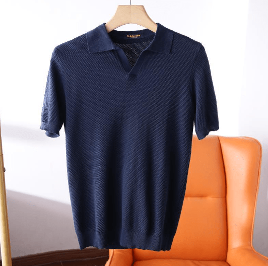 Men's navy blue classic polo shirt breathable slim-fit ribbed collar everyday office style