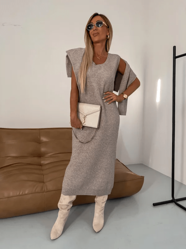Women's relaxed midi knit dress high turtleneck long sleeves acrylic-wool blend cozy minimalist style