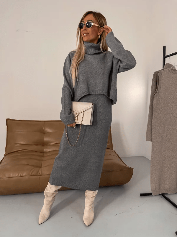 Women's relaxed midi knit dress in neutral tones with high turtleneck and cozy acrylic-wool blend fabric