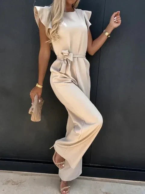 Women's wide-leg jumpsuit with ruched sleeves, belted waist, lightweight fabric for all-day comfort