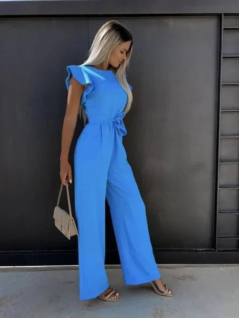 Women's wide-leg jumpsuit ruched sleeves belted waist lightweight one-piece modern chic silhouette