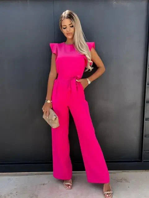 Women's wide-leg jumpsuit ruched sleeves belted waist lightweight one-piece modern chic silhouette