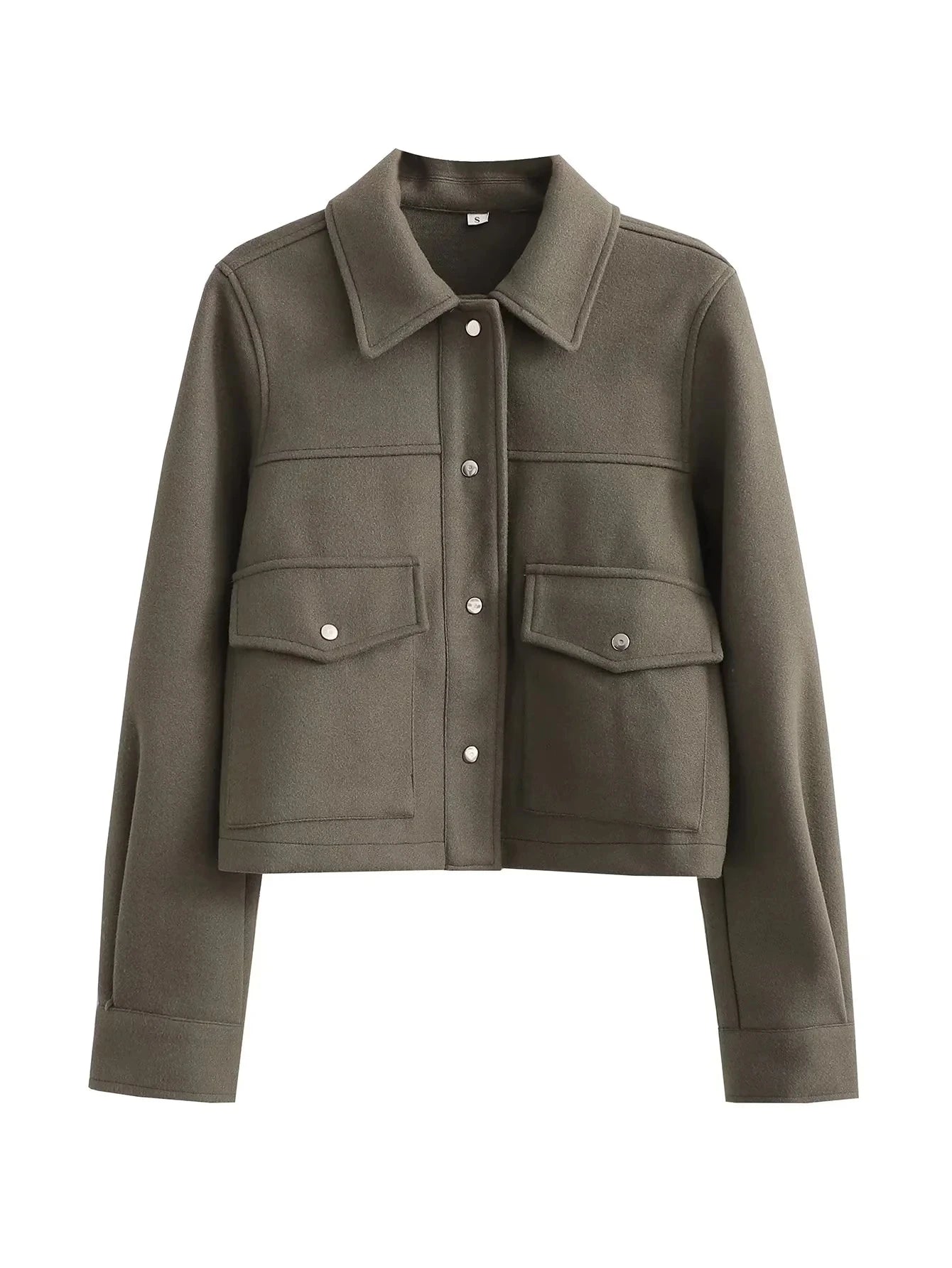 Women's short tailored jacket with button closure and utility chest pockets for modern city style