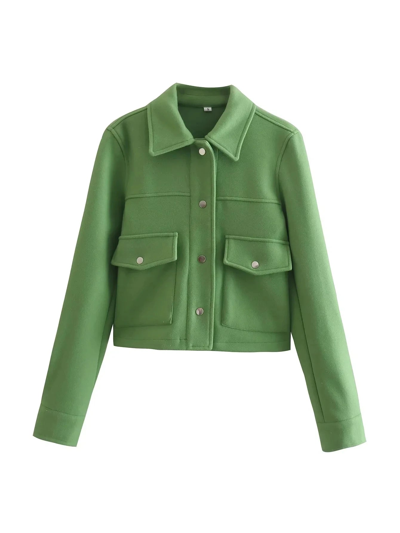 Women's short tailored jacket with button closure and utility chest pockets for modern city style