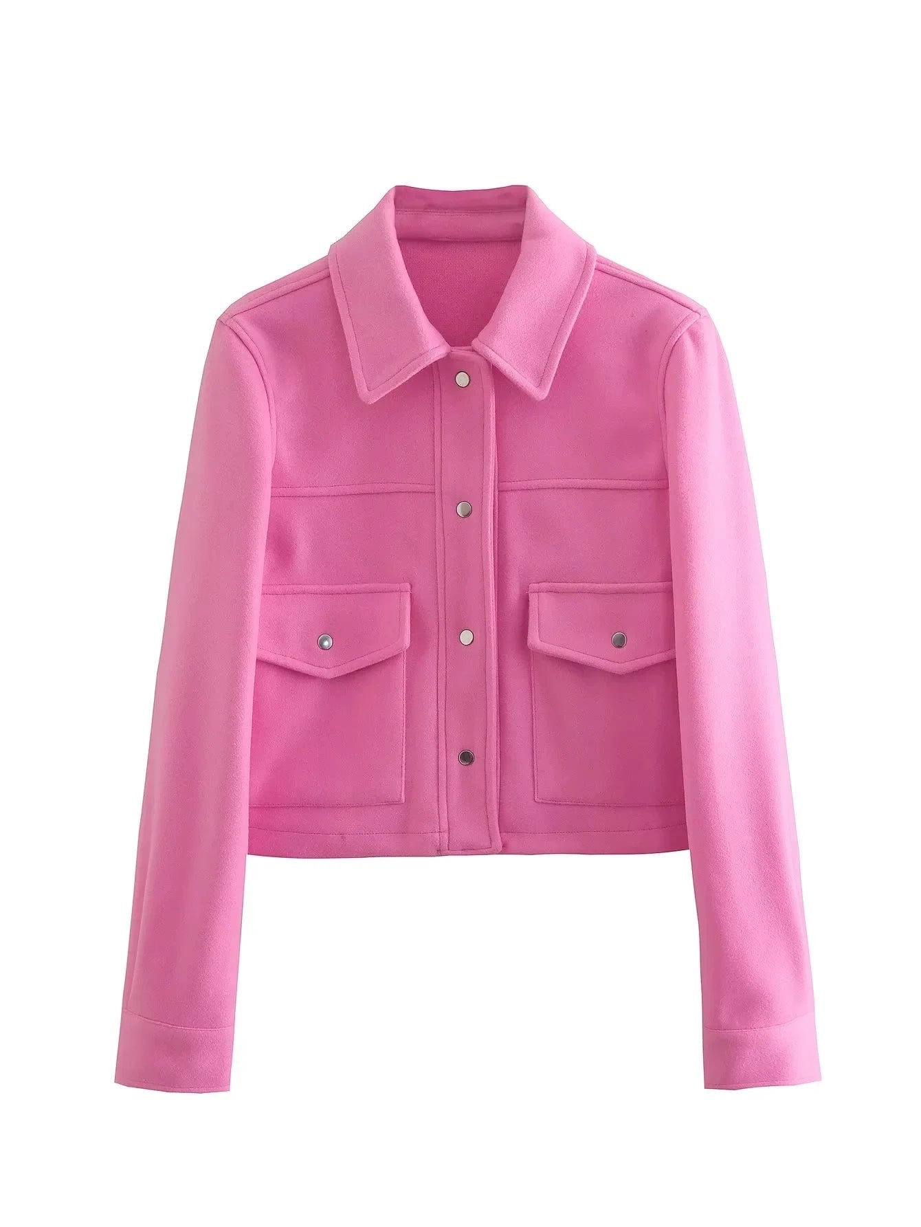 Women's short tailored jacket with button closure and utility chest pockets for modern city style