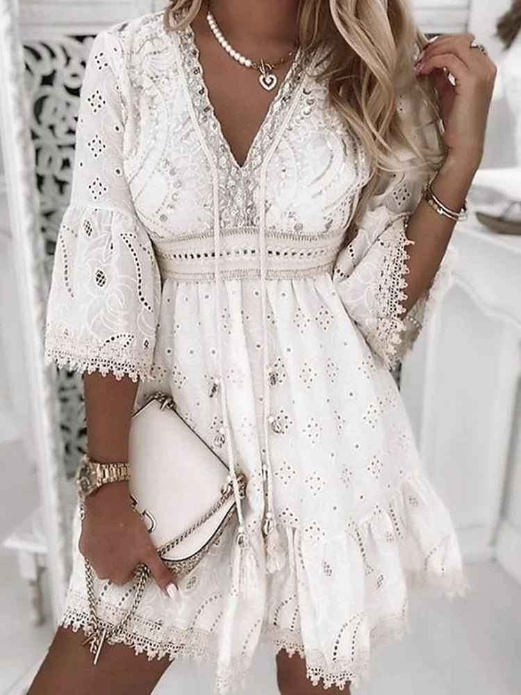 Women's boho white lace cotton dress, V-neck with fringe trim, loose silhouette, lightweight summer style