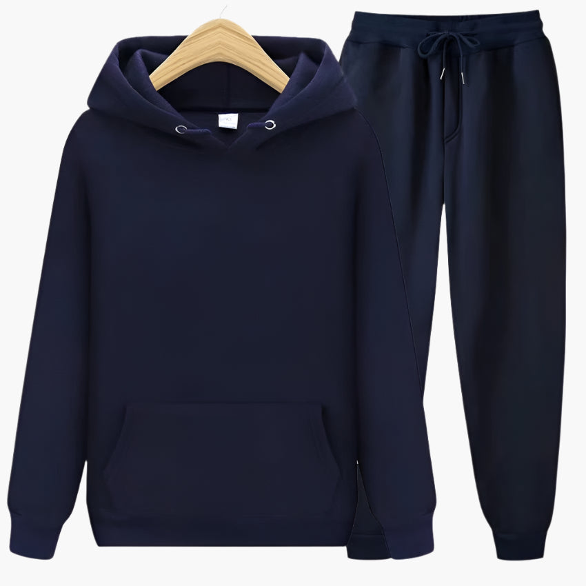 Men's grey hoodie and jogger set loose-fit casual homewear with kangaroo pocket and elastic waistband