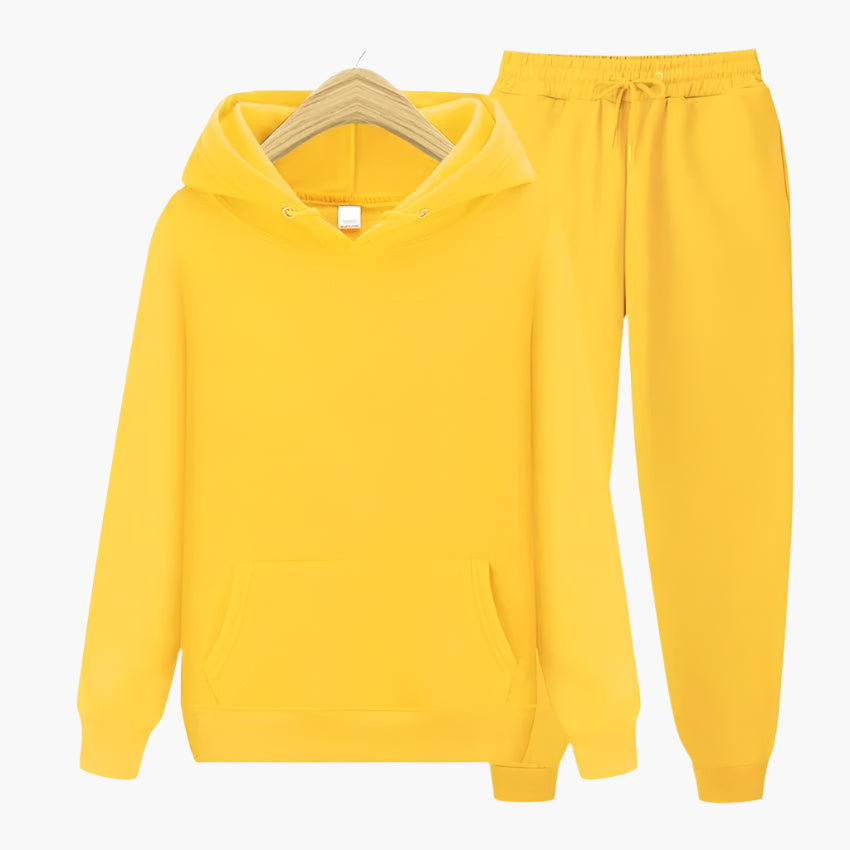 Men's grey hoodie and jogger set loose-fit casual loungewear with kangaroo pocket and elastic waistband