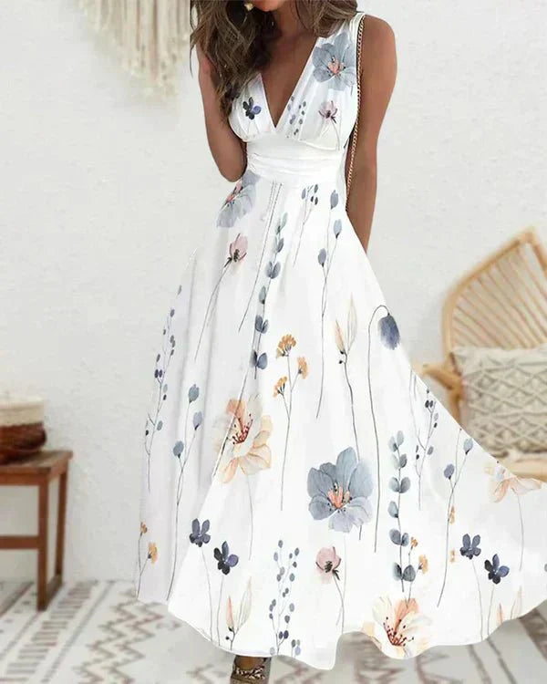 Women's sleeveless floral maxi dress V-neck A-line lightweight summer elegant fit