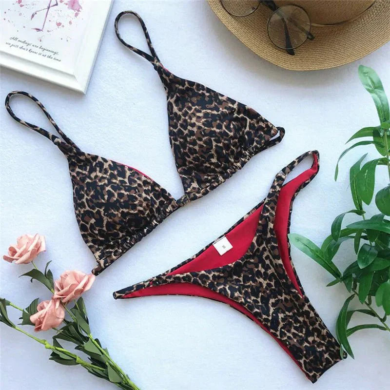 Leopard print bikini set Trident top high-cut bottoms adjustable straps bold beach style women