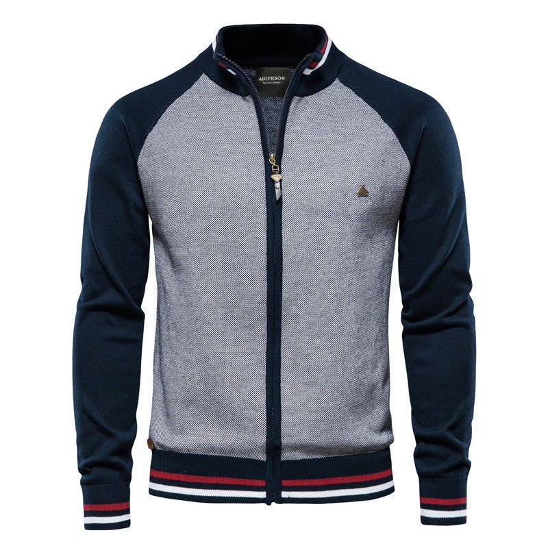 Men's color block zip cardigan in casual knit style with front zipper for easy layering