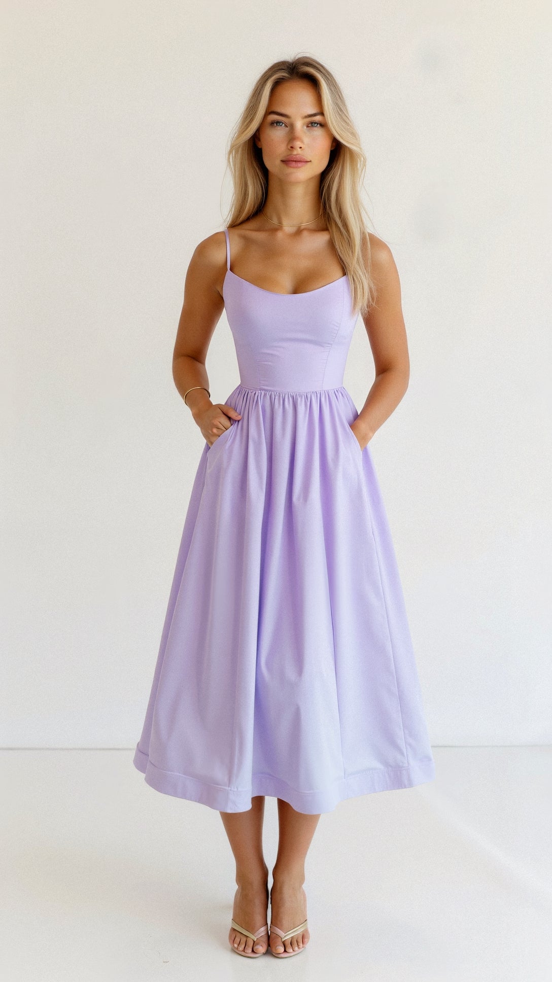 Women's midi dress A-line silhouette spaghetti straps fluid elegant spring summer style